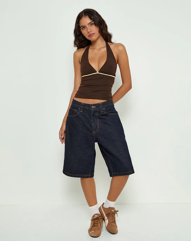 Abeth Halterneck Top in Chocolate Brown with Lemon Piping
