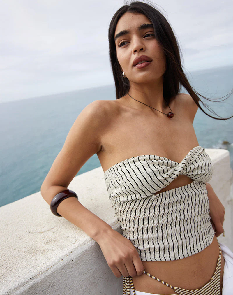 Aghony Bandeau Top in Stripe Textured Mesh Beige