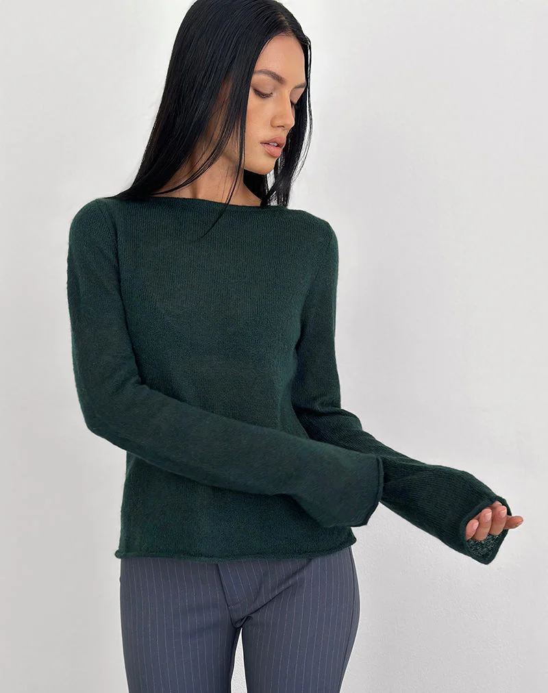 Aika Long Sleeve Top in Sheer Knit Dark Green - Image 2
