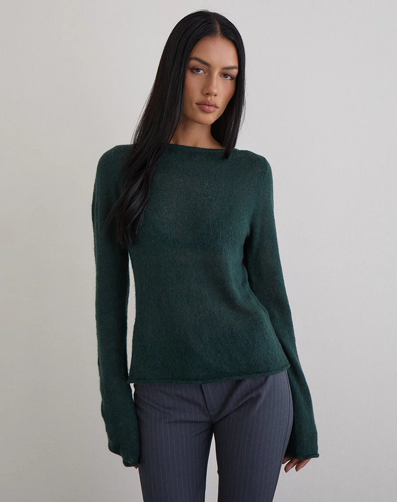 Aika Long Sleeve Top in Sheer Knit Dark Green - Image 5
