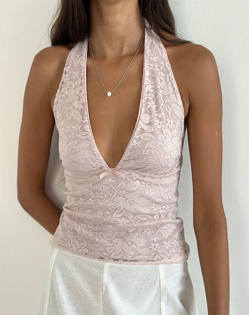 Aksa Halterneck Top in Lace Lotus Pink - Image 2