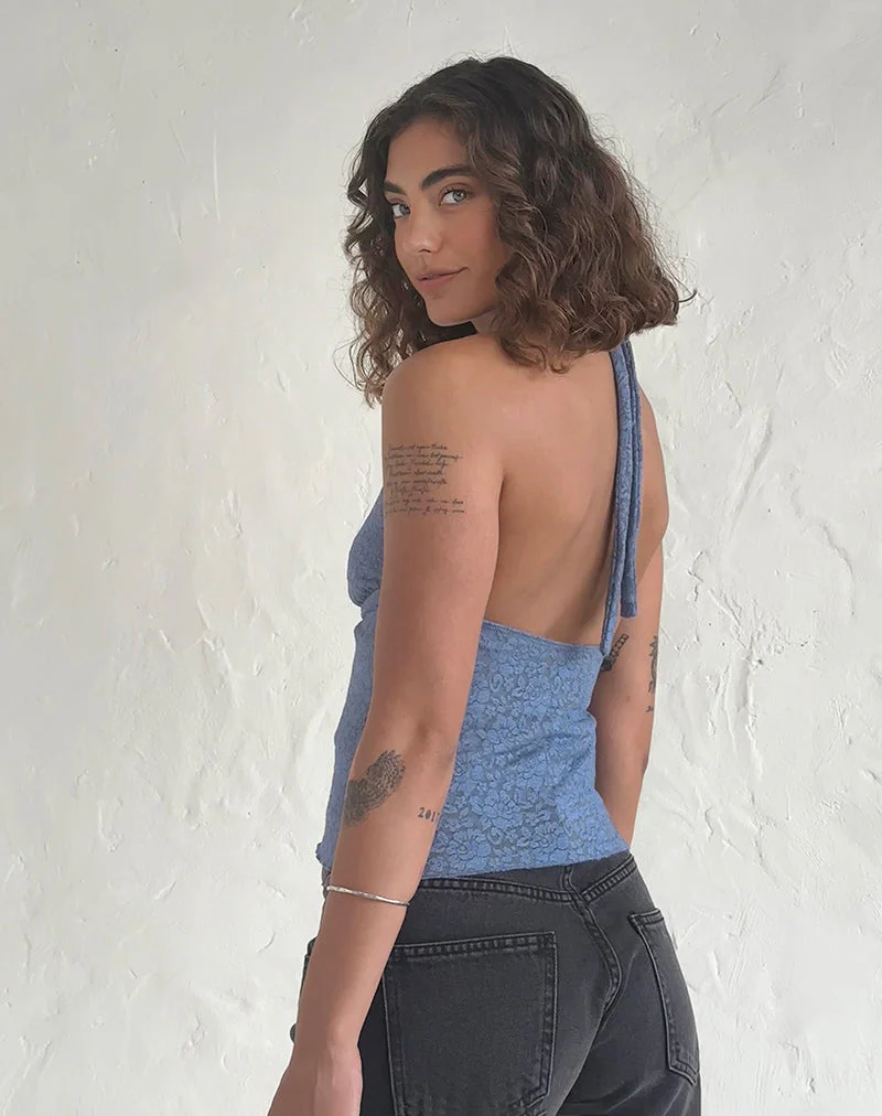 Aksa Halterneck Top in Moonlight Blue Lace with Rose - Image 4