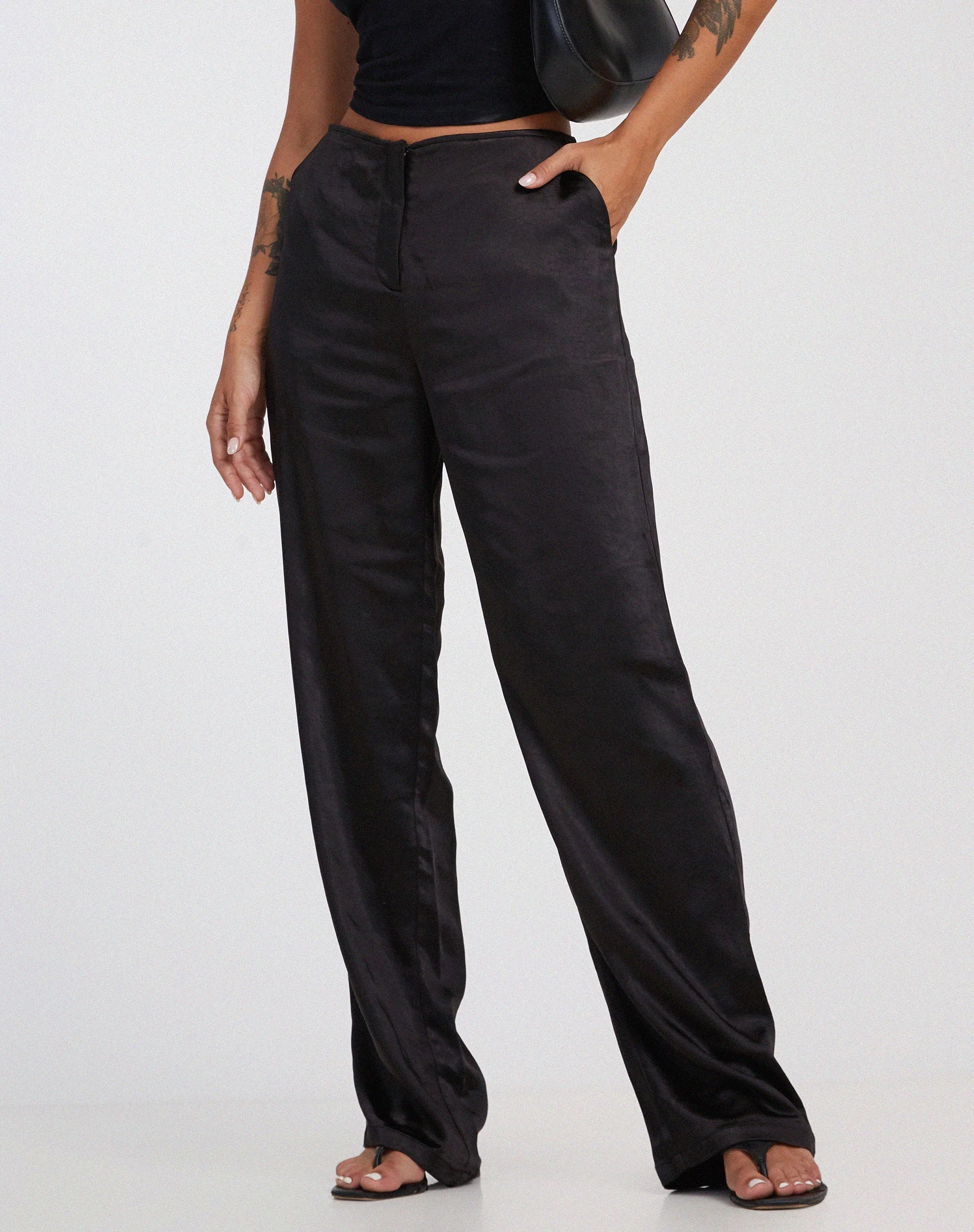 Akuna Wide Leg Trousers in Satin Black - Image 2