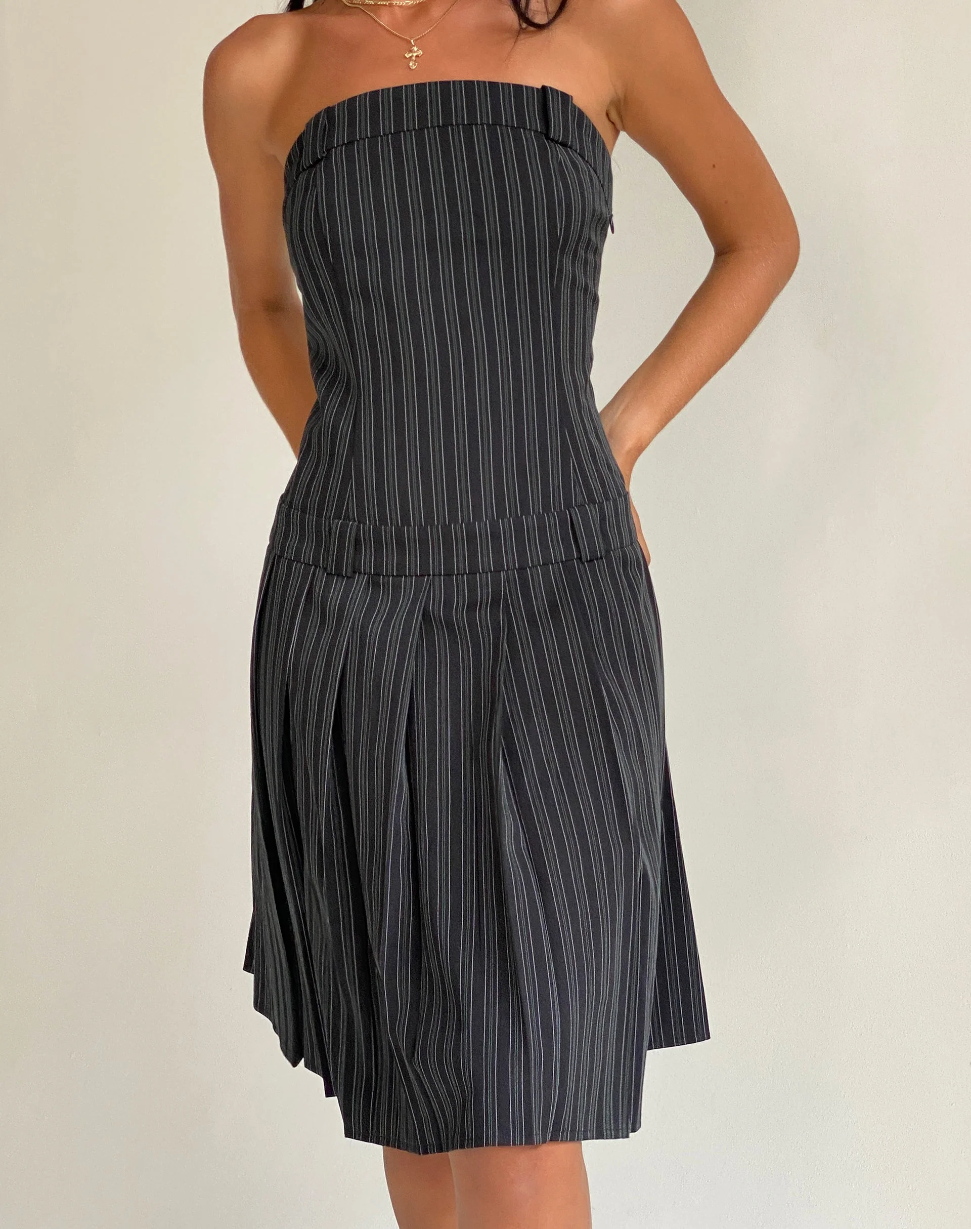 Aldari Bandeau Midi Dress in Tailoring Black Pinstripe - Image 2