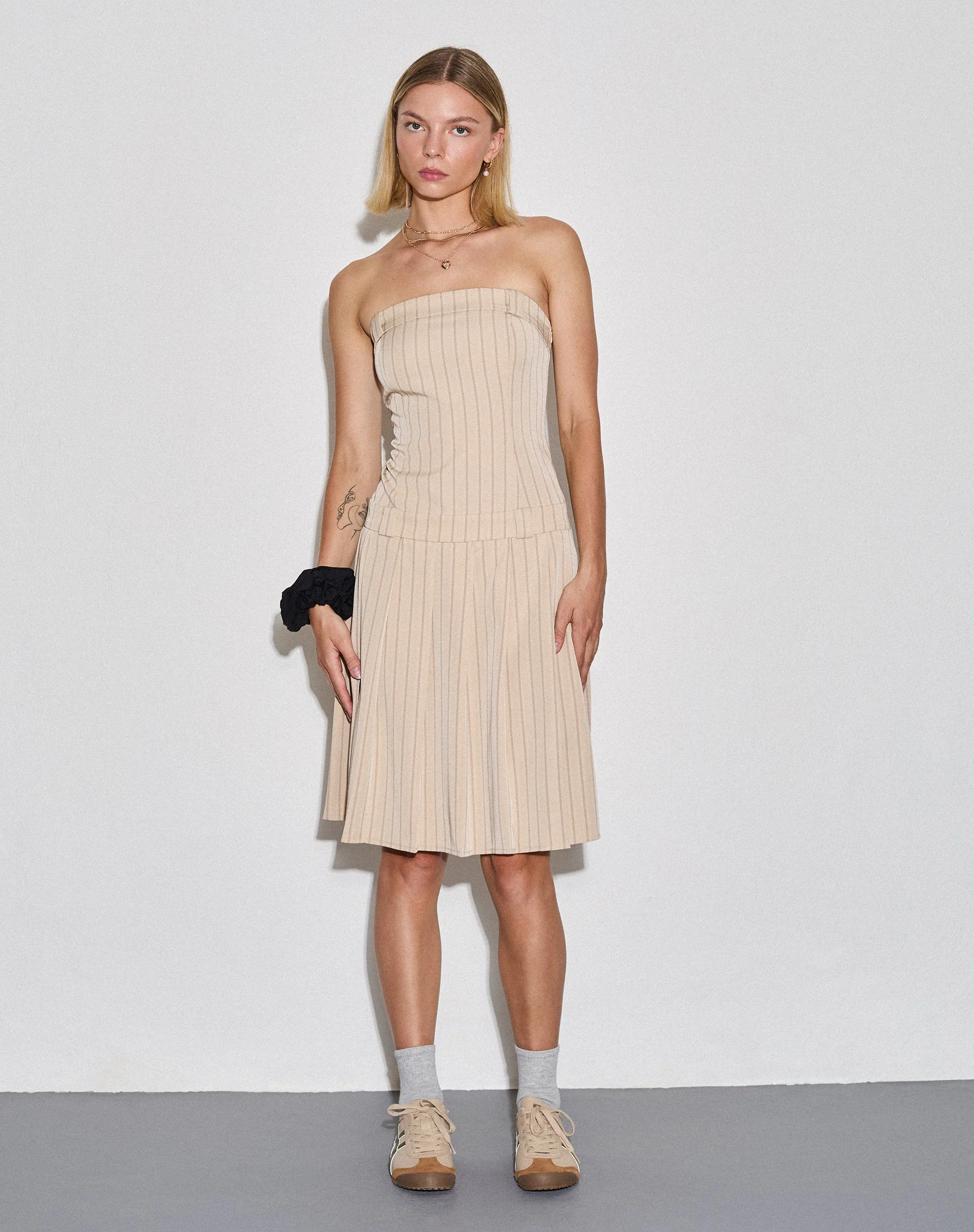 Aldari Bandeau Midi Dress in Tailoring Tan Pinstripe - Image 3