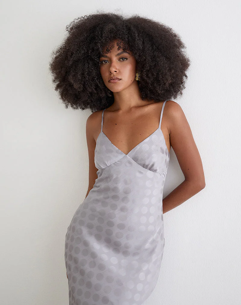 Alenya Maxi Dress in Chiffon Monochrome Silver Grey Polka - Image 2