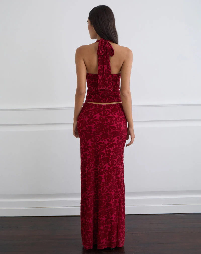 Alfreda Maxi Skirt in Flocked Mesh Flower Cherry - Image 4