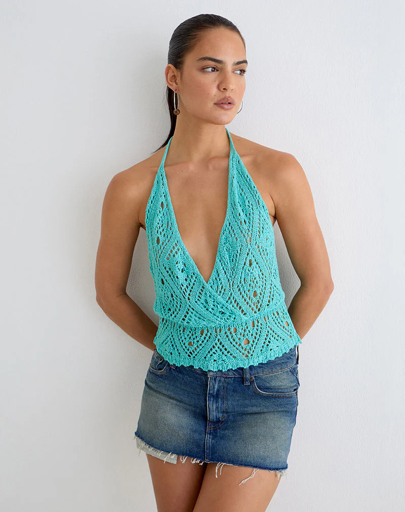 Allyne Halter Top in Crochet Knit Aqua Sky - Image 3