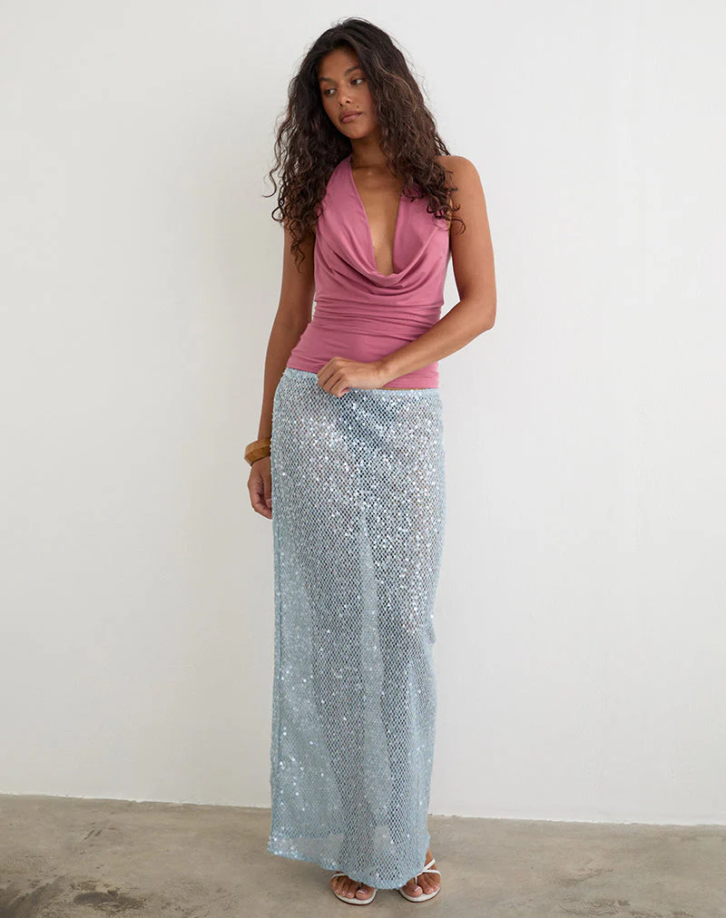 Alphia Maxi Skirt in Seafoam Sequin Knit Blue - Image 4