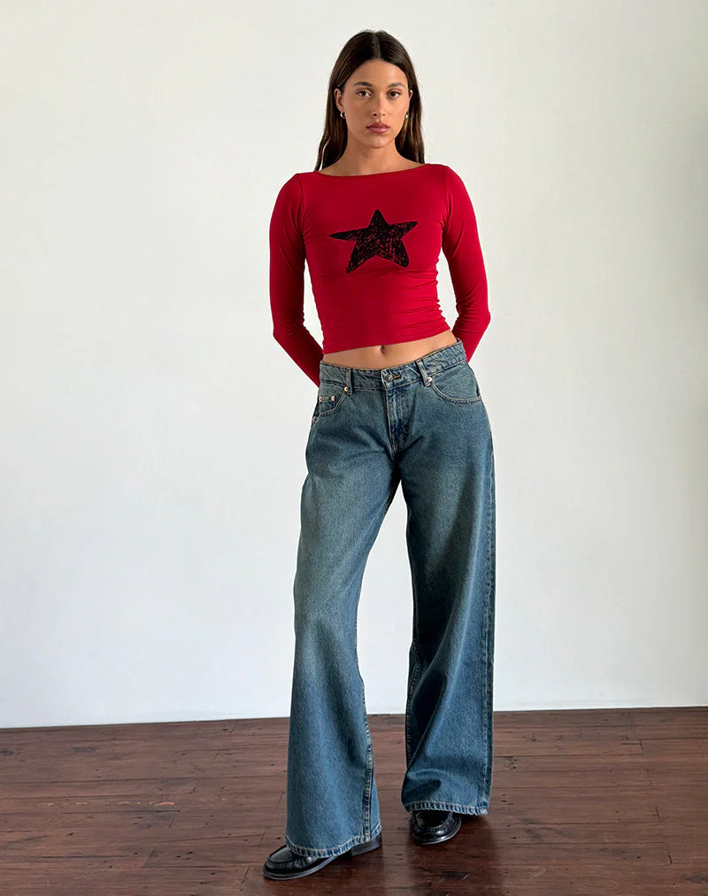 Amabon Long Sleeve Top in Adrenaline Red with Black Star - Image 5