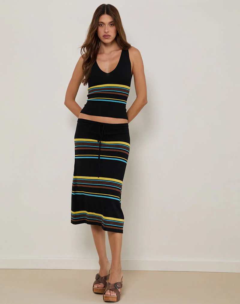 Amalia Midi Skirt in Black with Brown and Blue Stripes - Image 2