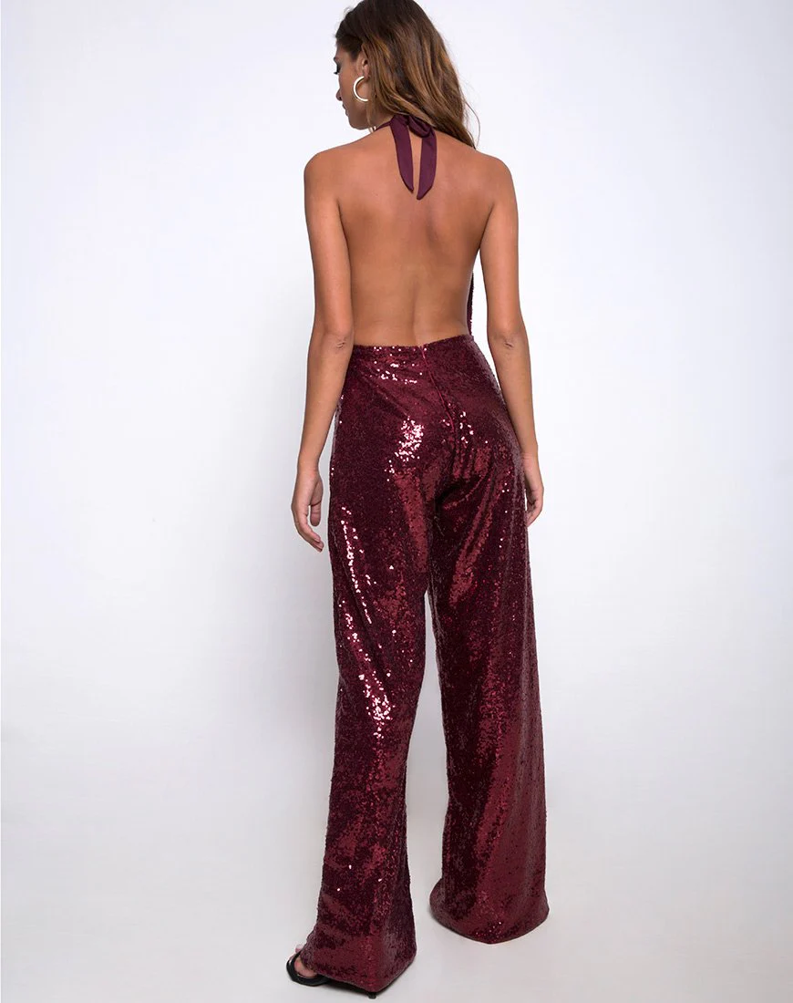 Amber Wide Leg Jumpsuit in Mini Sequin Burgundy - Image 3
