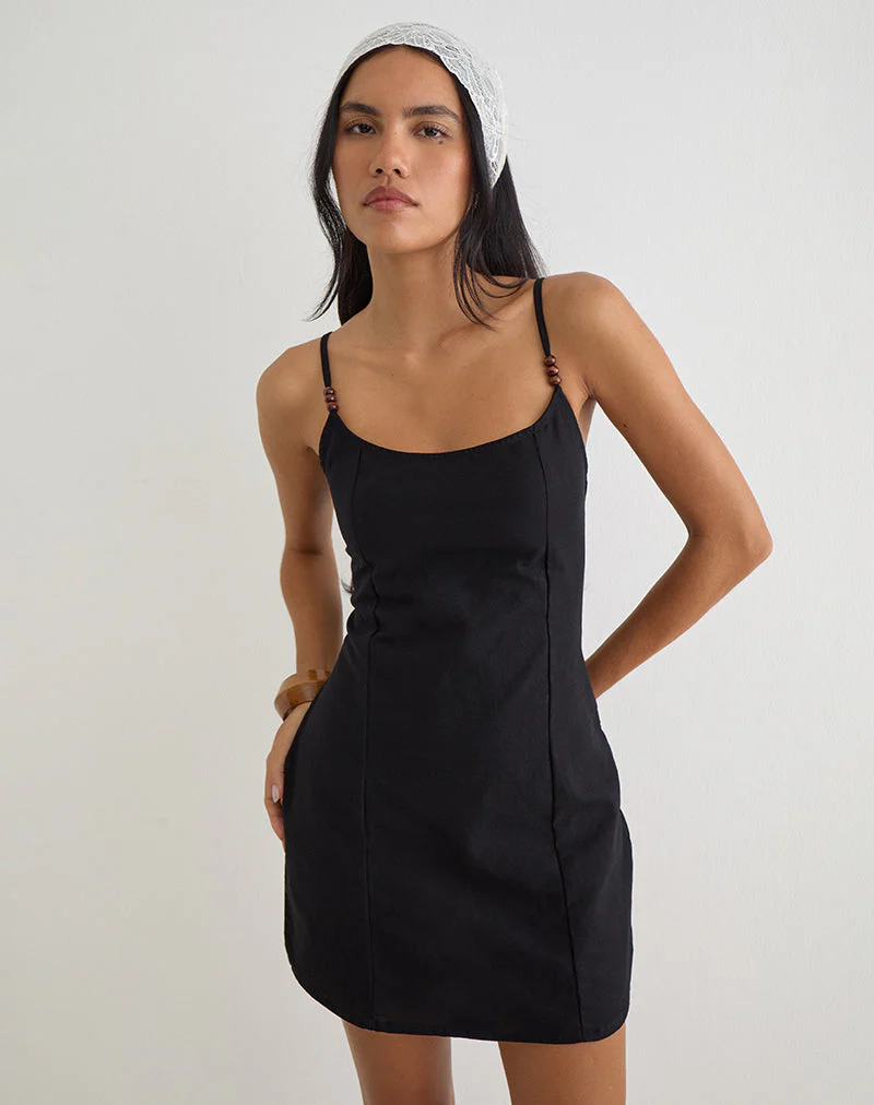 Ambra Scoop Mini Dress in Linen Black