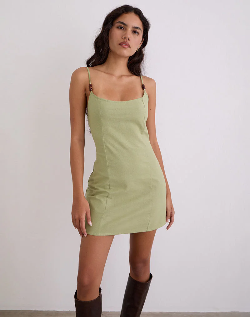 Ambra Scoop Mini Dress in Linen Sage Green - Image 5