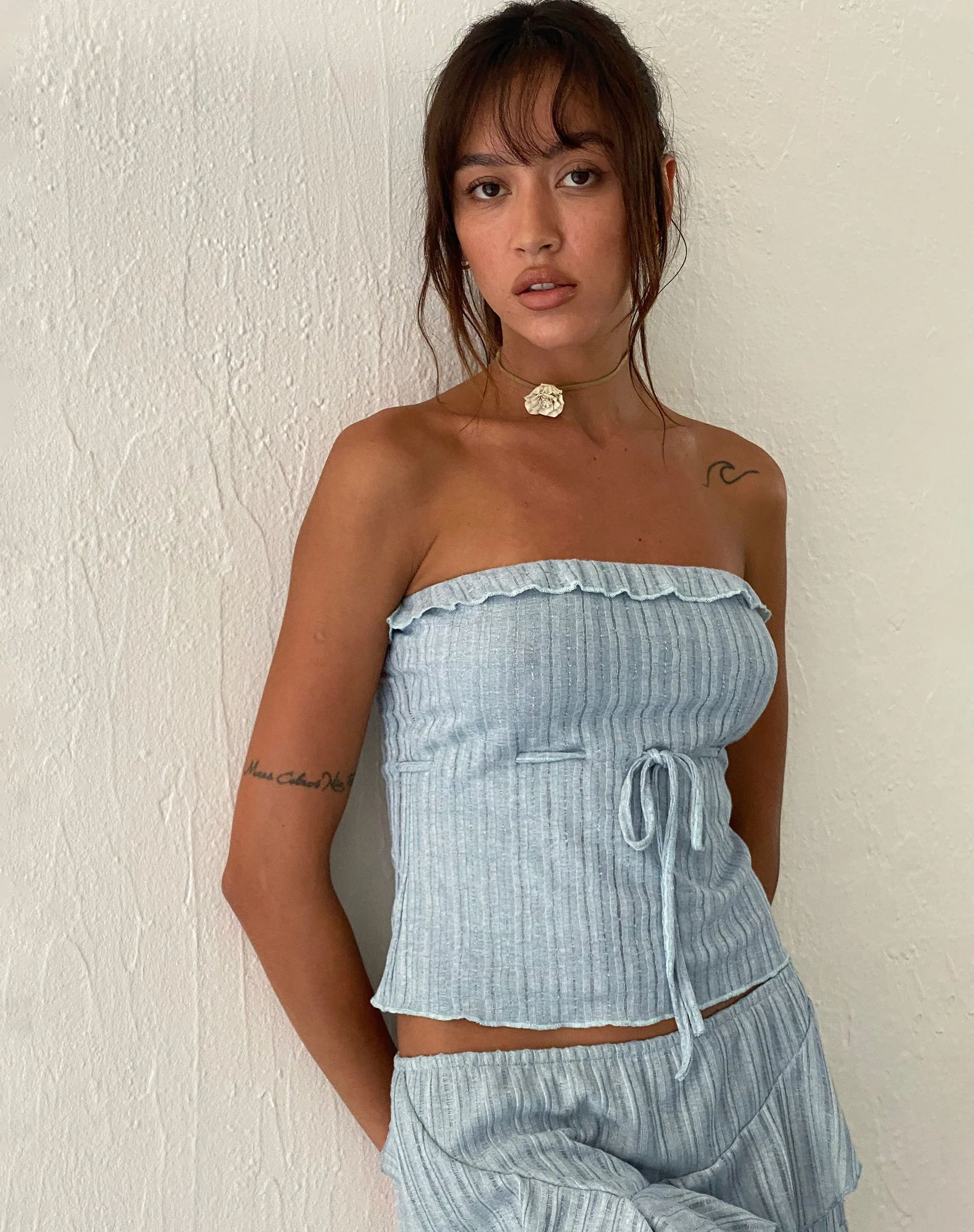 Ameera Ruffle Trim Bandeau Top in Powder Blue - Image 3