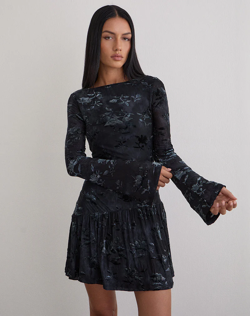Anyeli Mini Dress in Leaf Velvet Dark Blue - Image 4