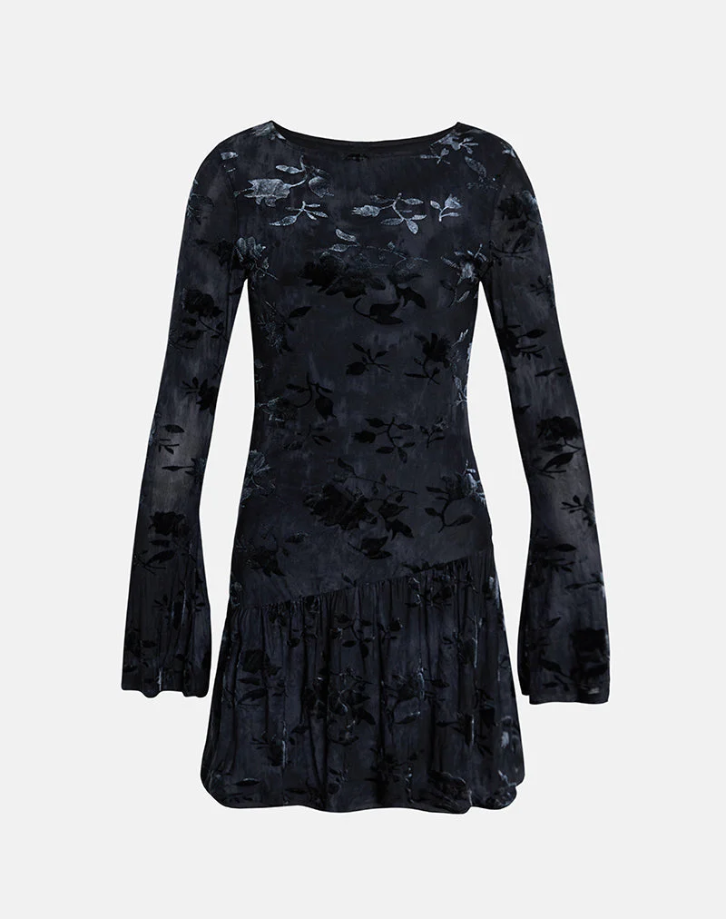 Anyeli Mini Dress in Leaf Velvet Dark Blue - Image 6