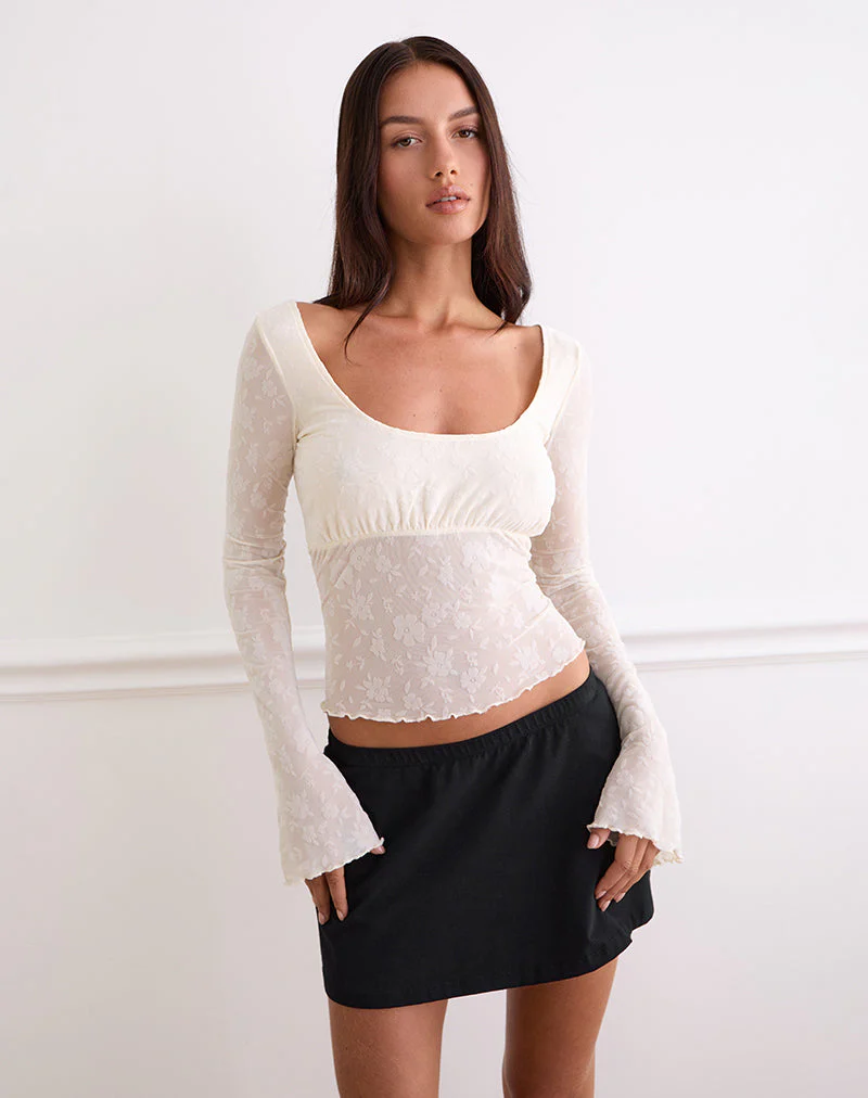 Aqsa Long Sleeve Top in Floral Flock Cream
