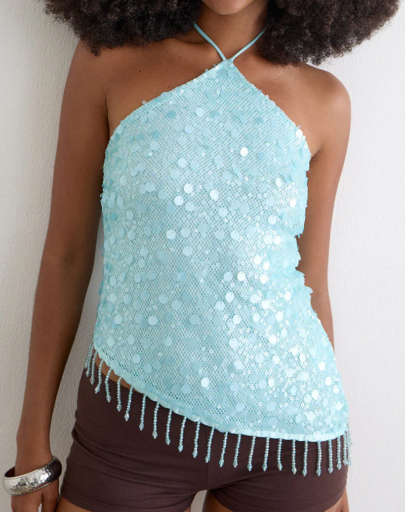 Arlela Top in Net Sequin Blue with Beaded Hem - Image 2