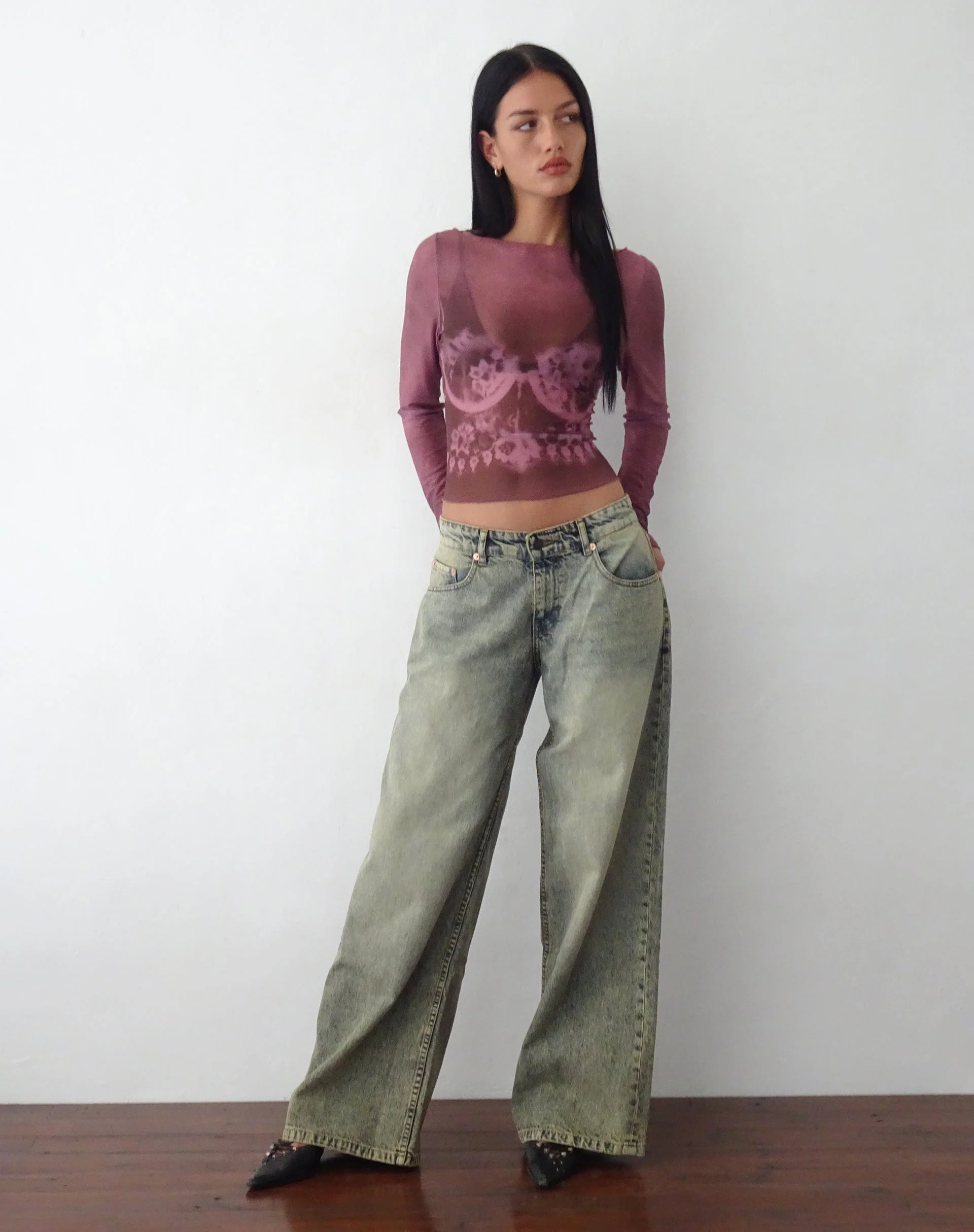 Armali Long Sleeve Top in Burgundy with Lace Bra Scan - Image 2