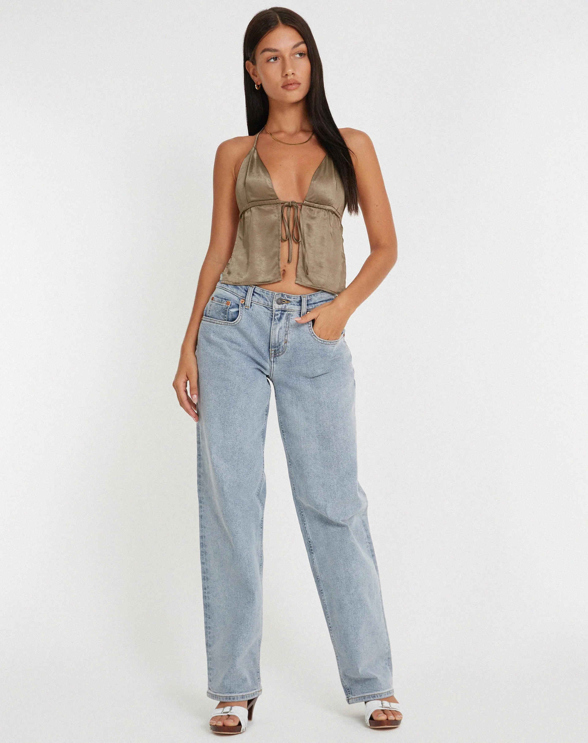 Arula Cami Top in Satin Dark Olive - Image 3