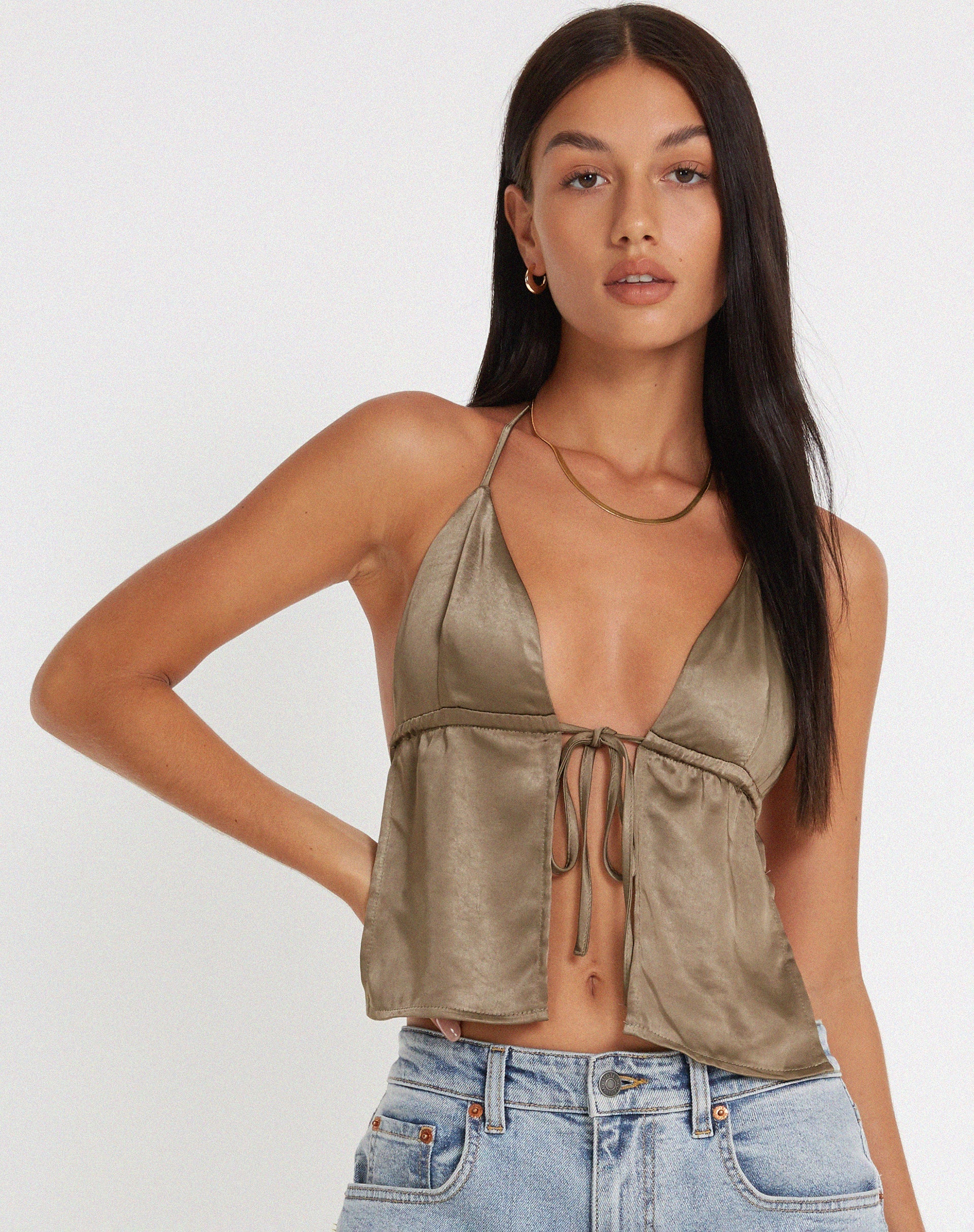 Arula Cami Top in Satin Dark Olive - Image 4
