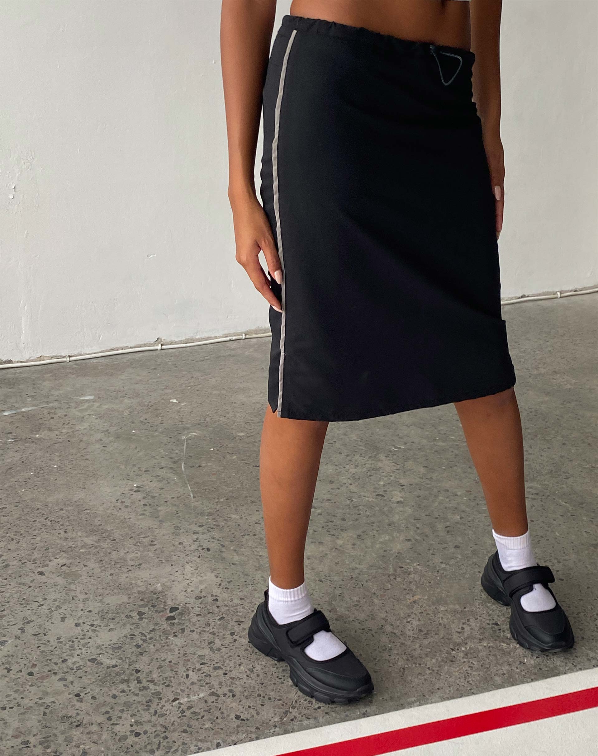 Ashlyn Cargo Midi Skirt in Black with White Stripe