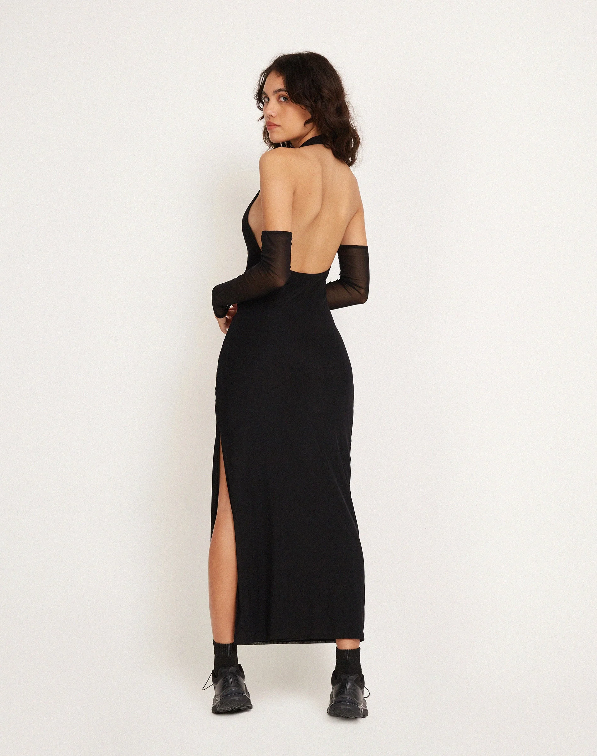 Asmala Halterneck Maxi Dress and Sleeve Set in Black Mesh - Image 2