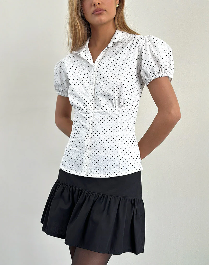 Aspen Puff Sleeve Blouse in Micro Polka White and Black - Image 3