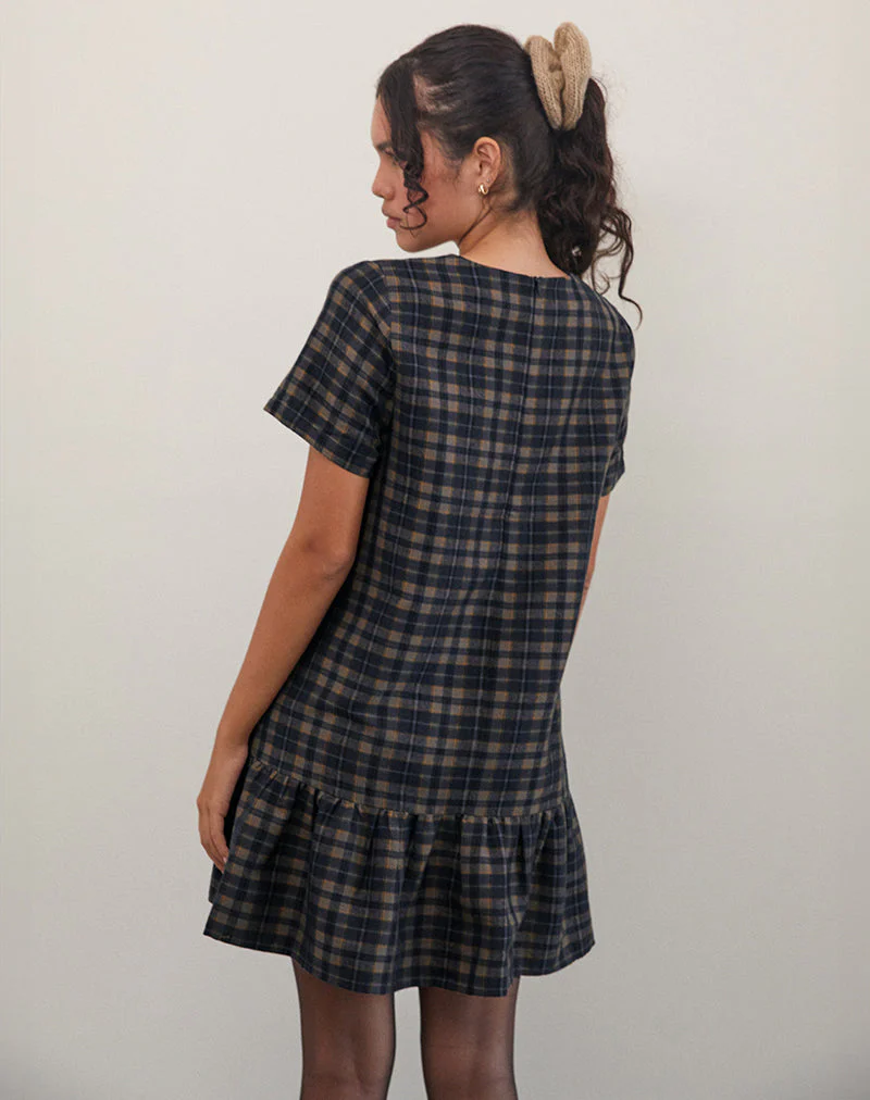 Asterin Mini Smock Dress in Navy Mustard Check - Image 3
