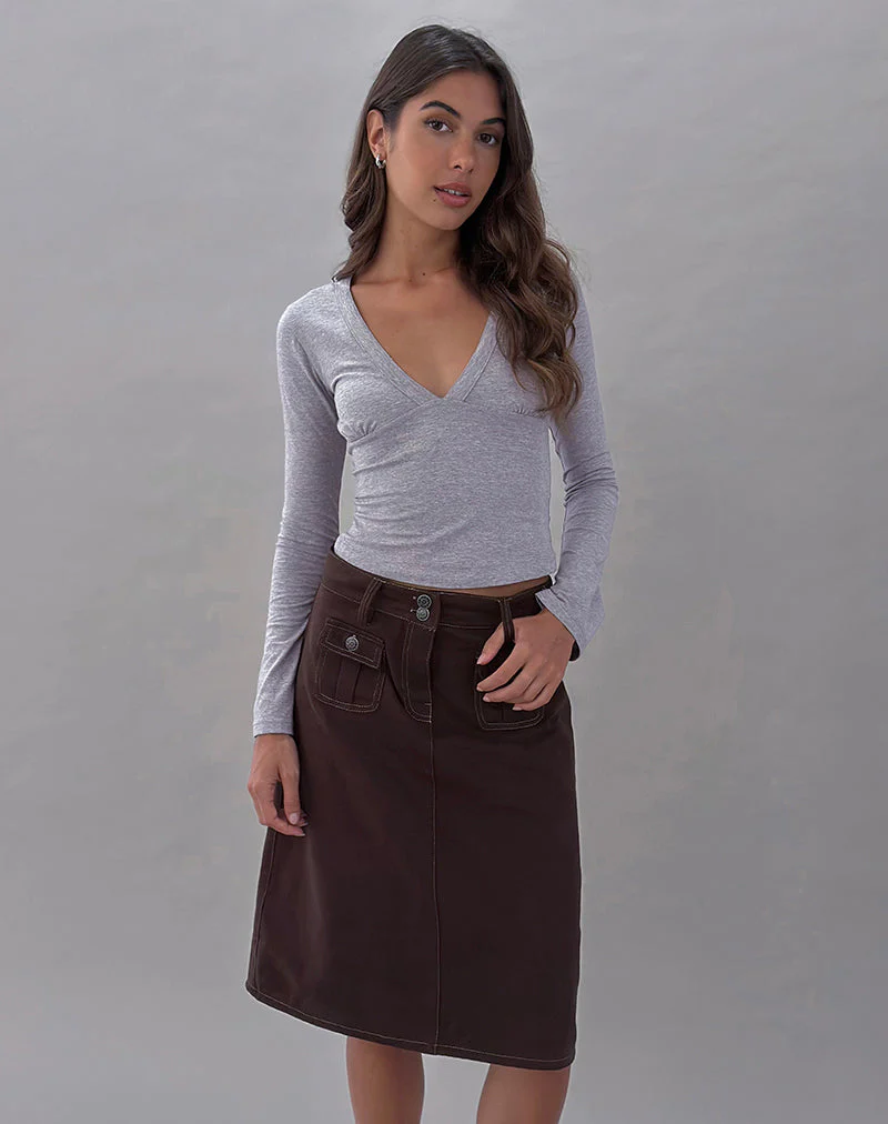 Astor Midi Skirt in Brown with Contrast Stitch - Image 3