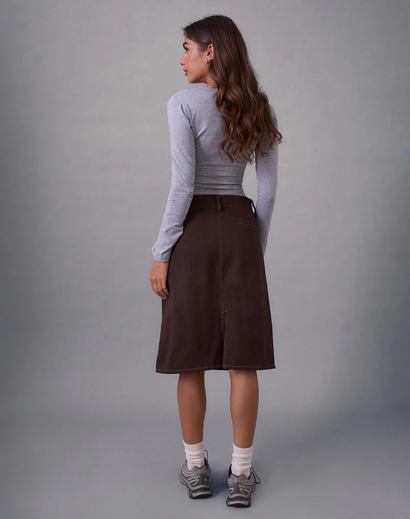Astor Midi Skirt in Brown with Contrast Stitch - Image 4
