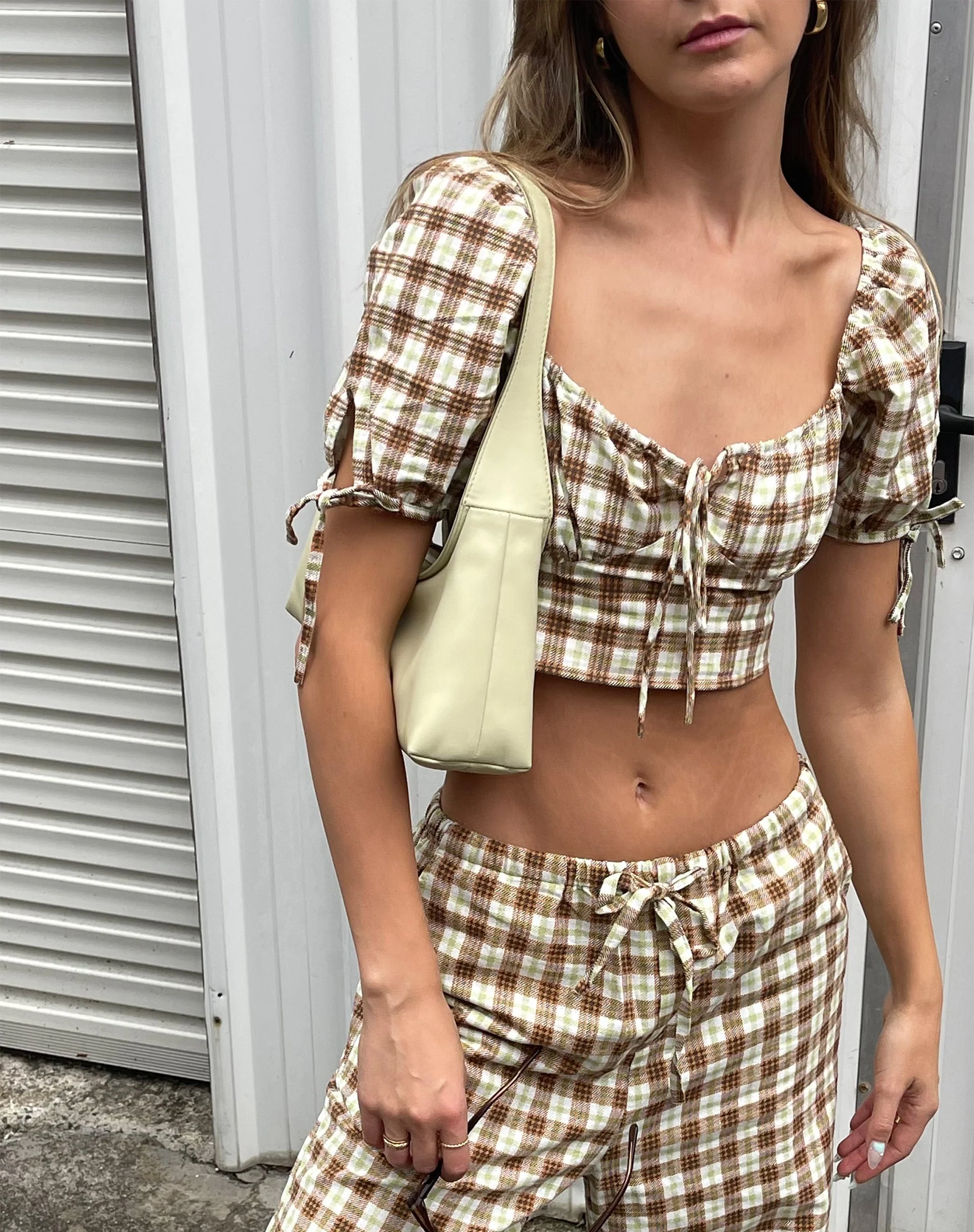 Auri Crop Top in Yellow Brown Check - Image 2
