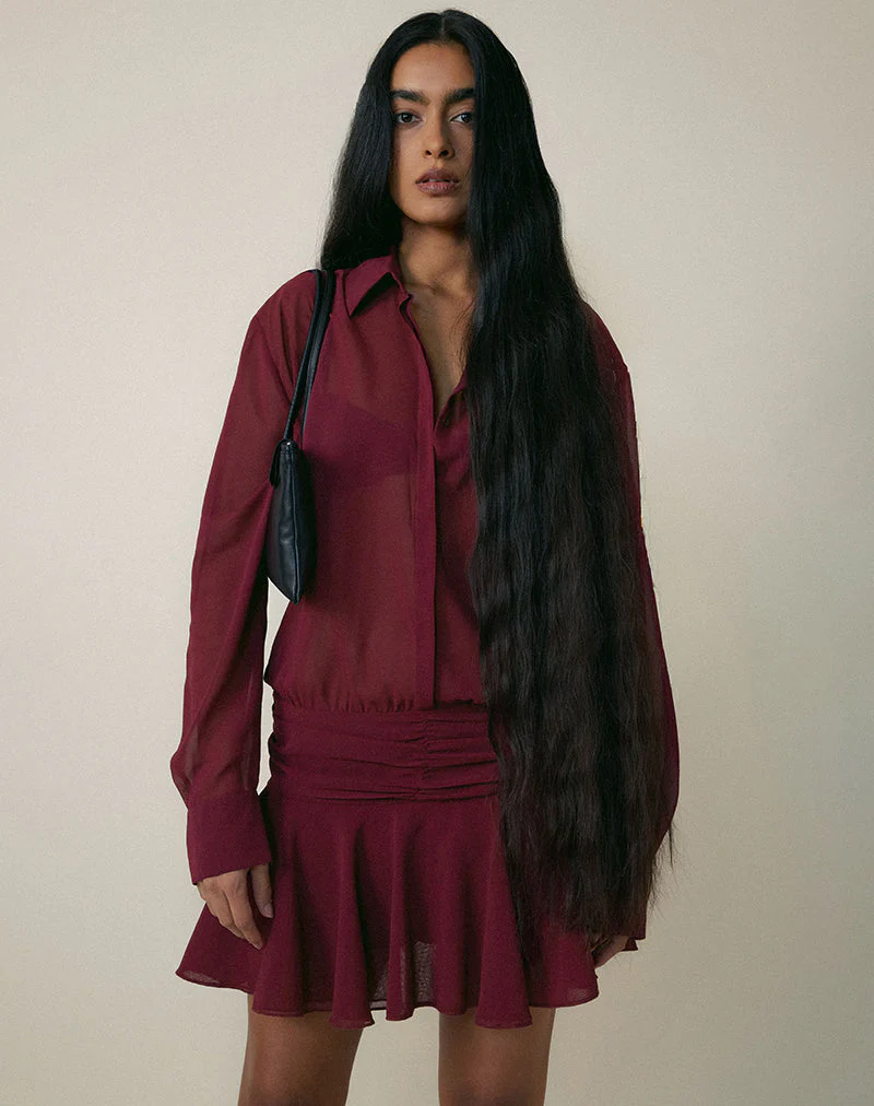 Azphira Long Sleeve Button Up Playsuit in Burgundy - Image 4