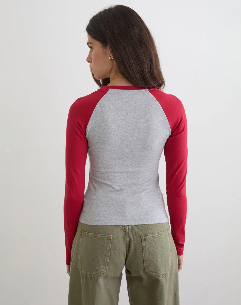 Balqis Long Sleeve Top in Grey Marl Adrenaline Red Combination - Image 4