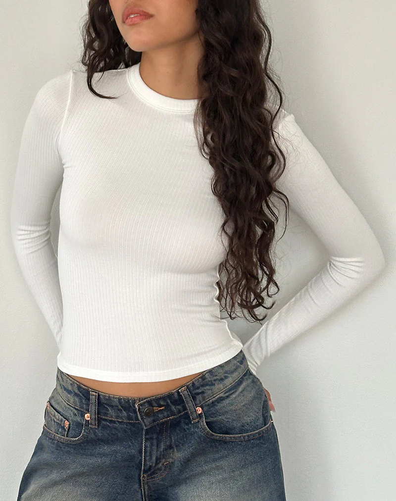 Beech Ribbed Long Sleeve Top in Off White - Image 2