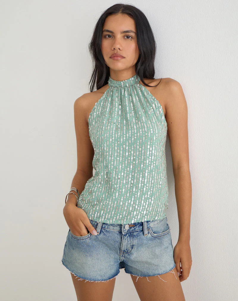 Beyi Halterneck Top in Chiffon Sequin Jade - Image 3