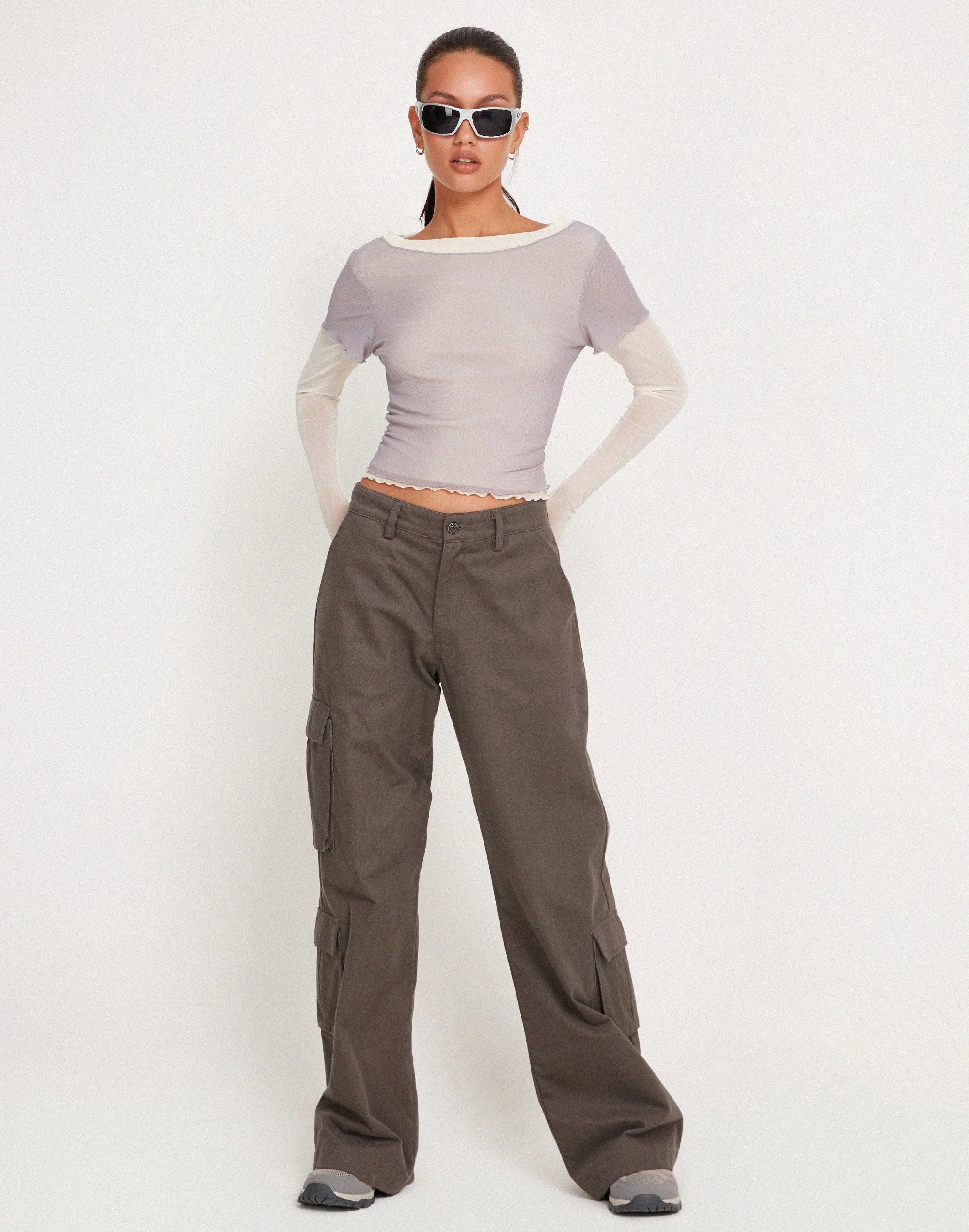 Bidara Mesh Long Sleeve Layered Top in Light Grey and Ivory - Image 4