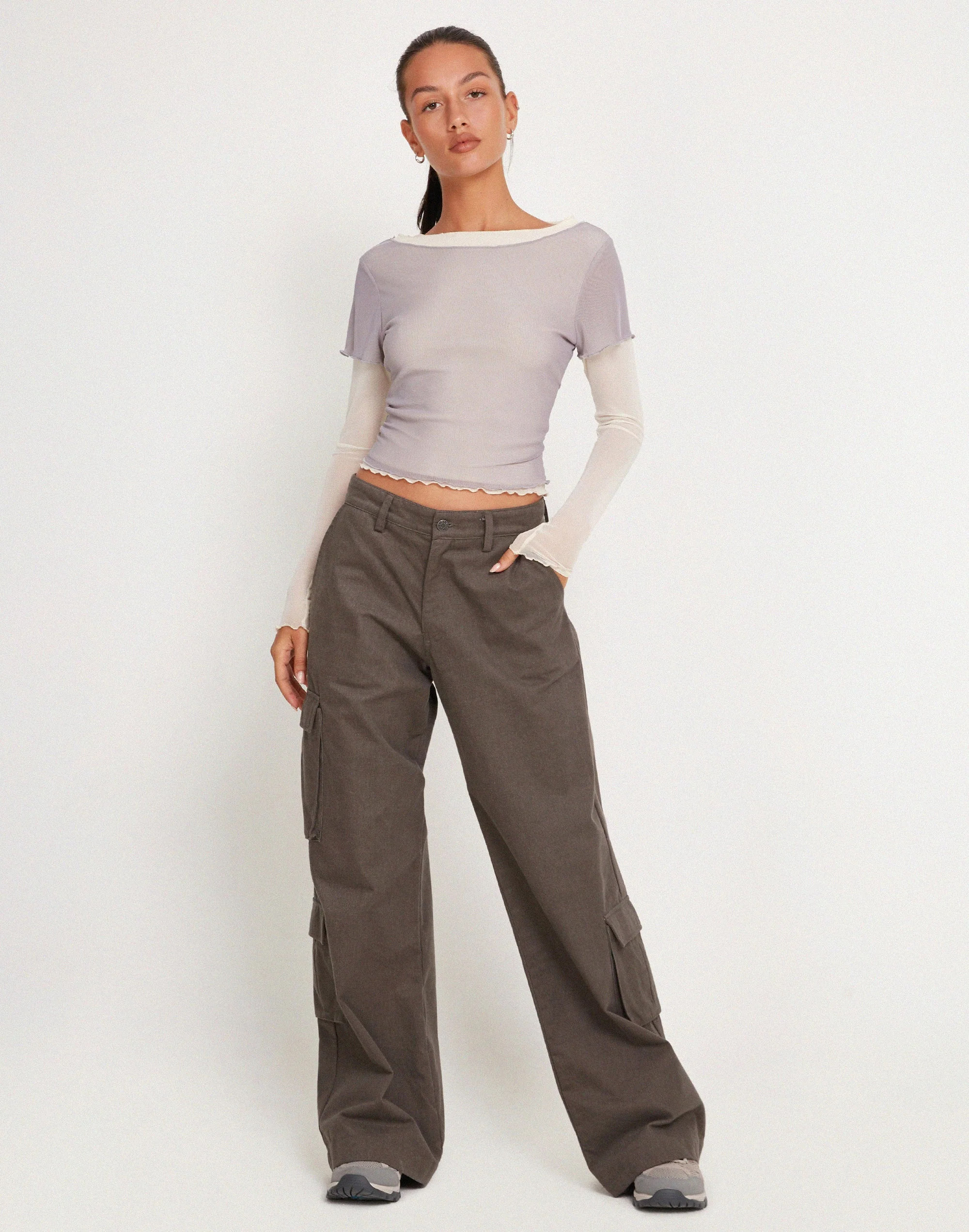 Bidara Mesh Long Sleeve Layered Top in Light Grey and Ivory - Image 6