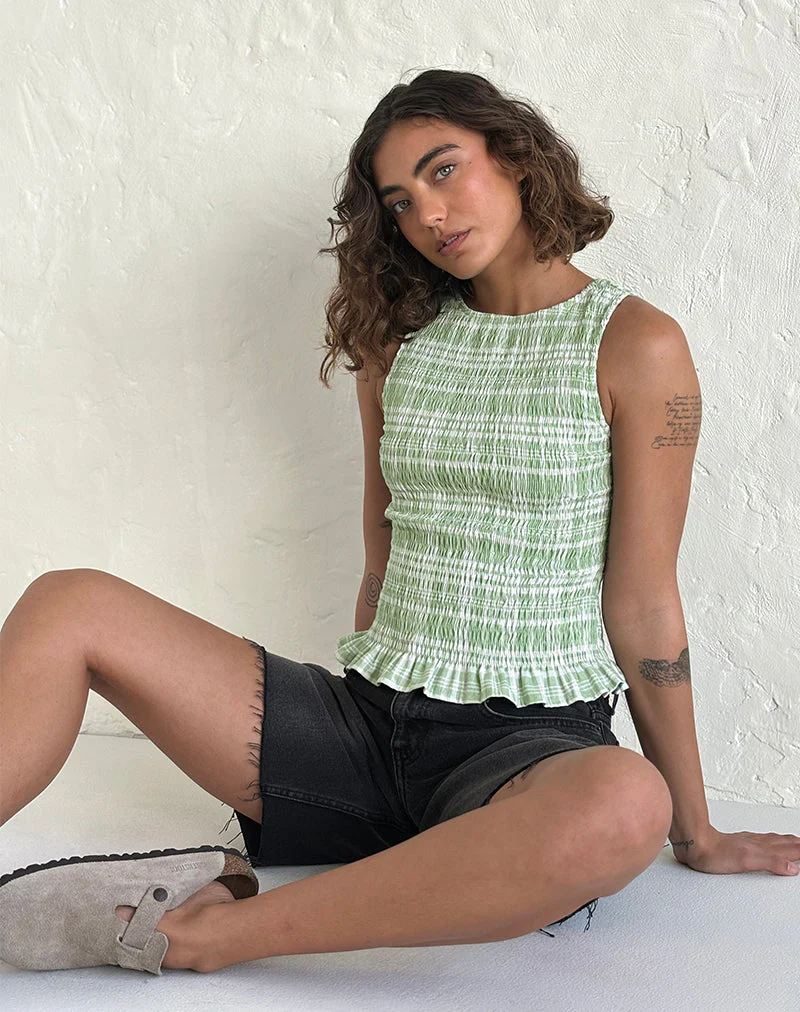 Birita Shirred Top in Table Cloth Neo Mint - Image 2