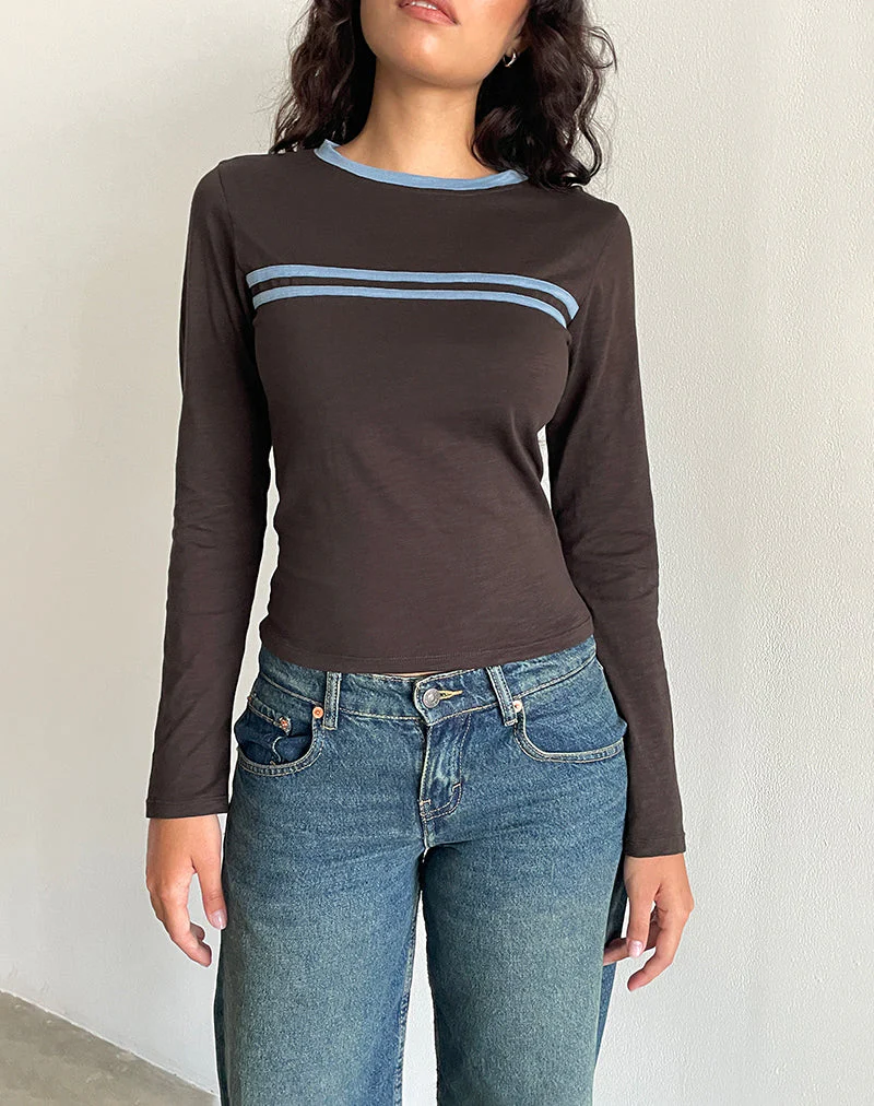 Bonjita Long Sleeve Top in Chocolate Brown with Ash Blue Two Stripe Binding - Image 3