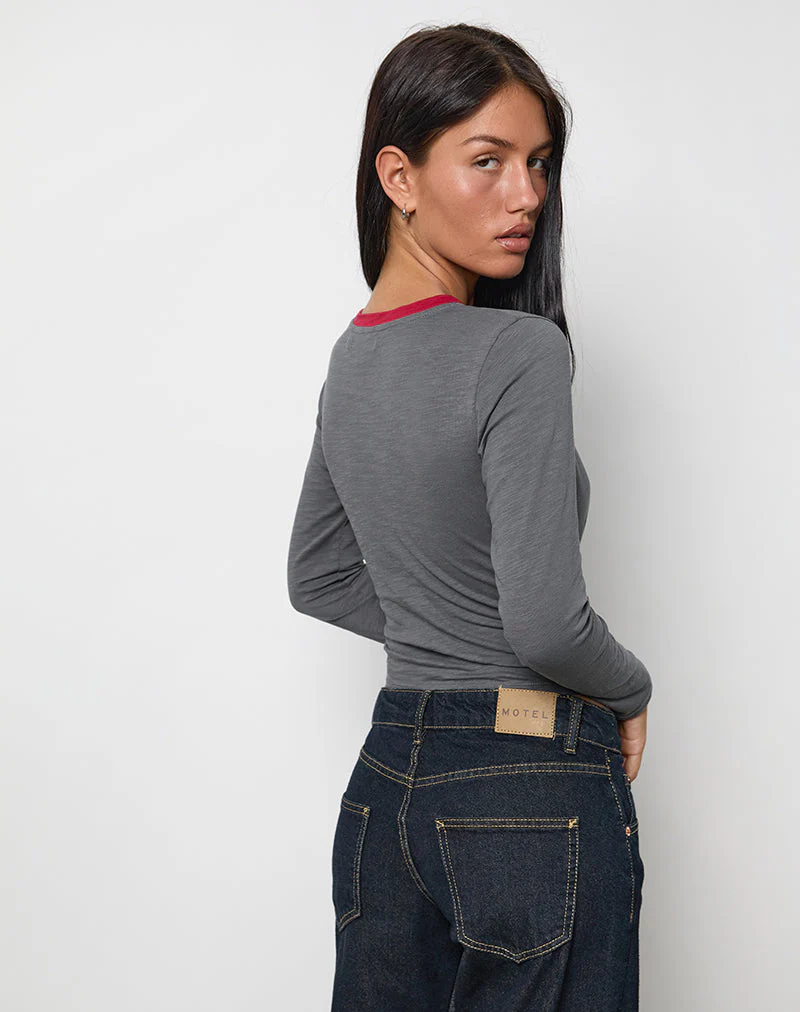 Bonjita Long Sleeve Top in Storm Grey with Adrenaline Red Binding - Image 3