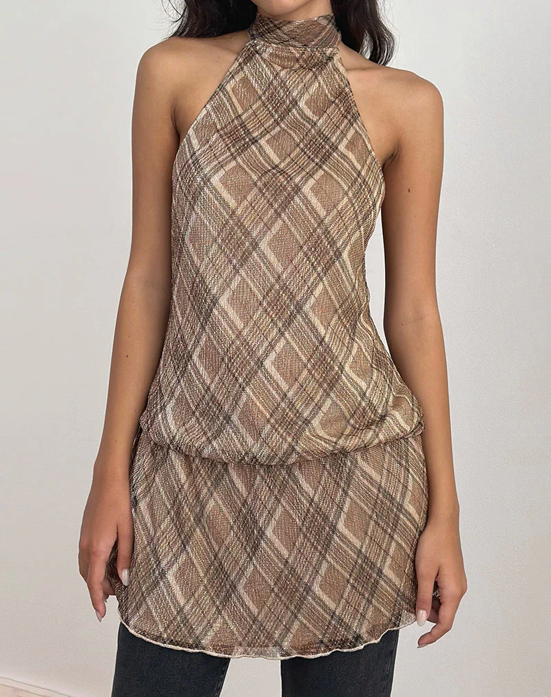 Briani Halterneck Dress in Check Plisse Brown - Image 4
