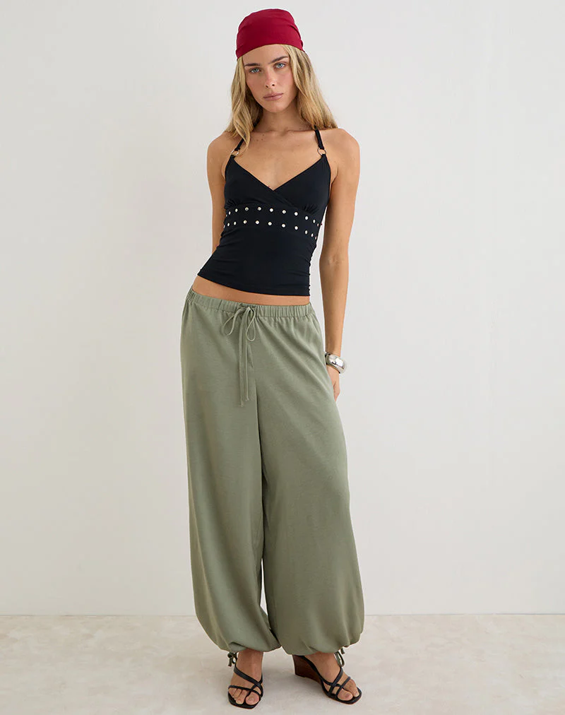 Brizid Balloon Trouser in Crinkle Satin Khaki