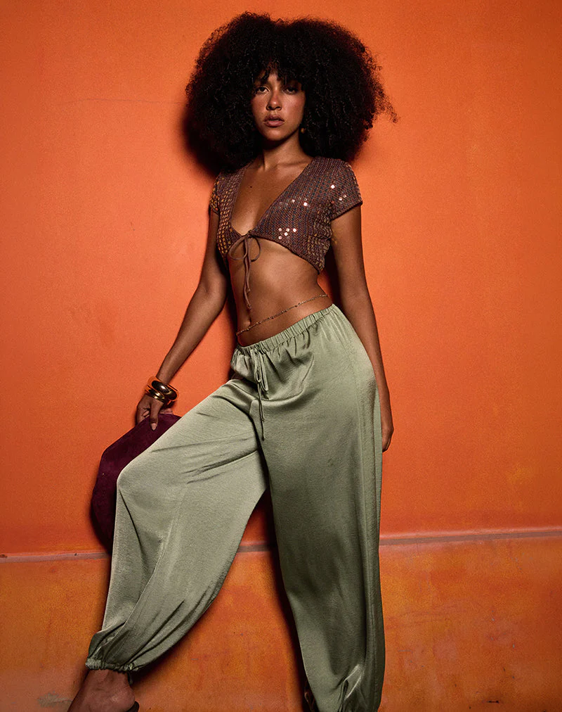 Brizid Balloon Trouser in Crinkle Satin Khaki - Image 2