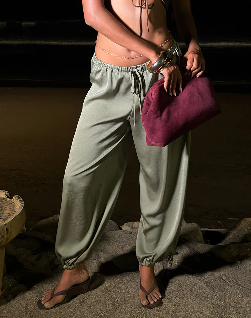 Brizid Balloon Trouser in Crinkle Satin Khaki - Image 6