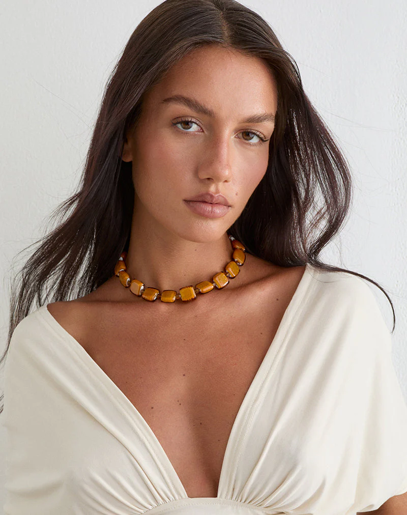 Brown Square Beaded Gold Plated Necklace - Image 4