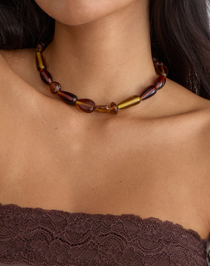 Brown and Yellow Glass Beaded Gold Plated Necklace - Image 3