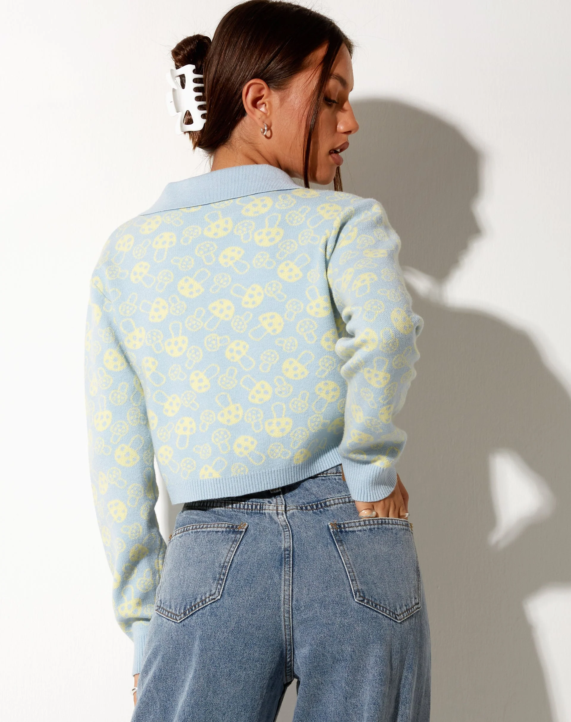 Bufo Cardigan in Baby Shroom Blue and Yellow - Image 2