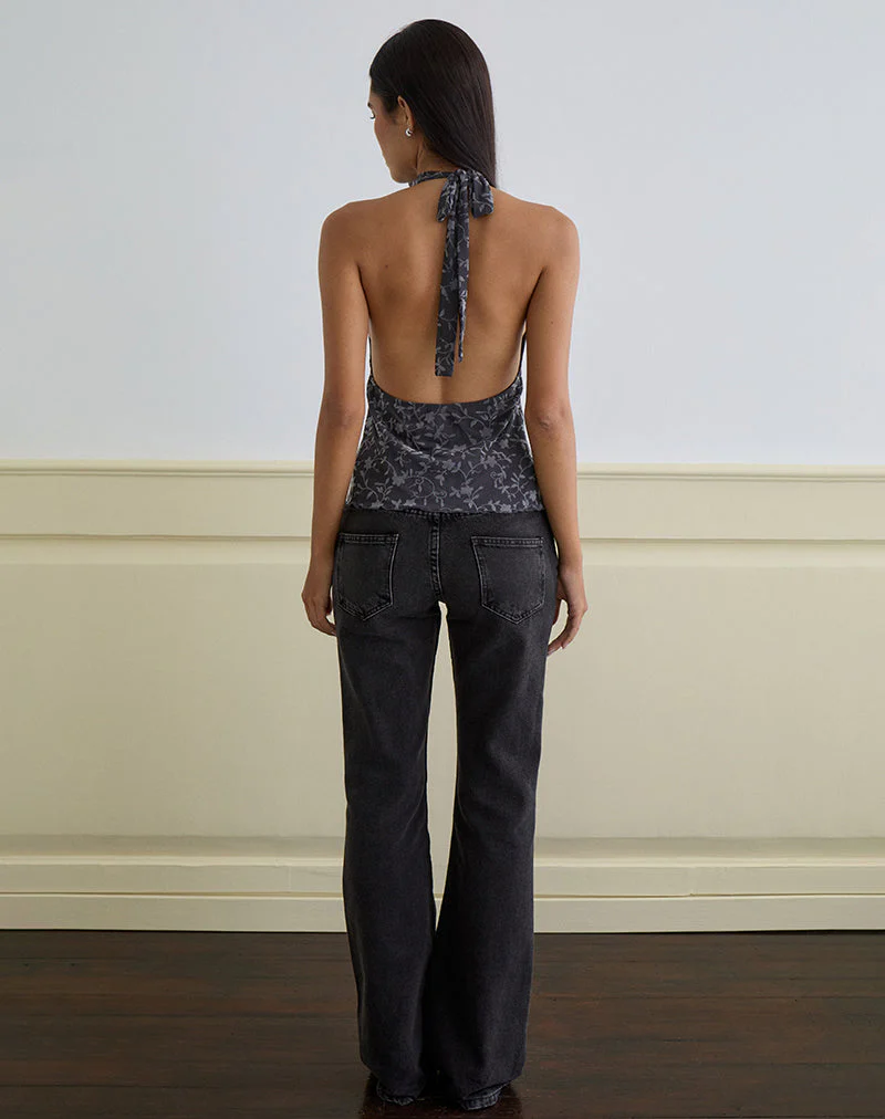 Burkie Halterneck Top in Pretty Petal Flock Dark Grey - Image 3